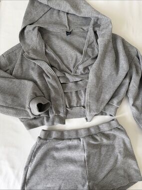 Gray Cropped Hoodie Bralette & High-Waist Shorts 3 Piece Set Fits M